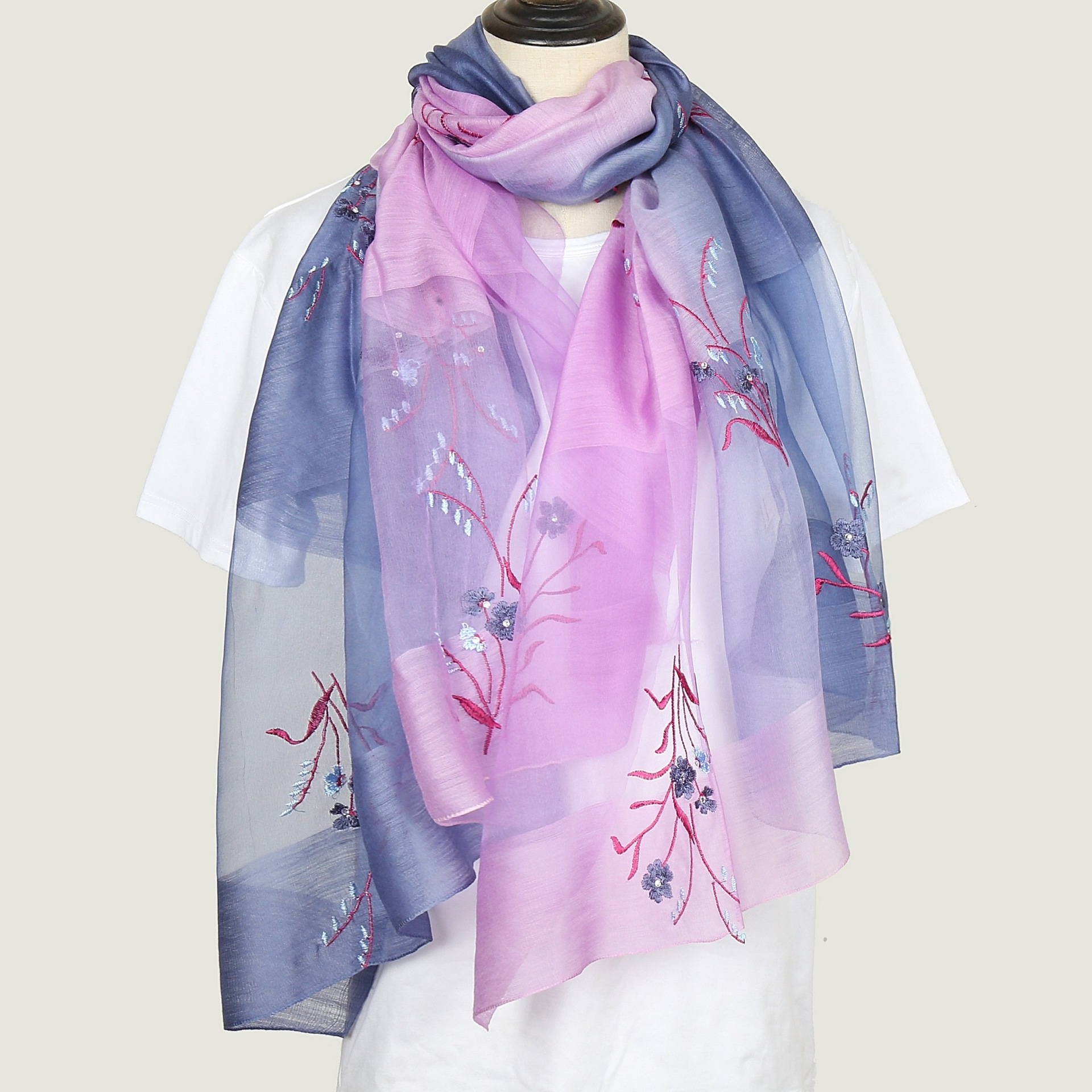 K1008 Women's silk scarf silk wool scarf embroidery embroidery gradient color high-end