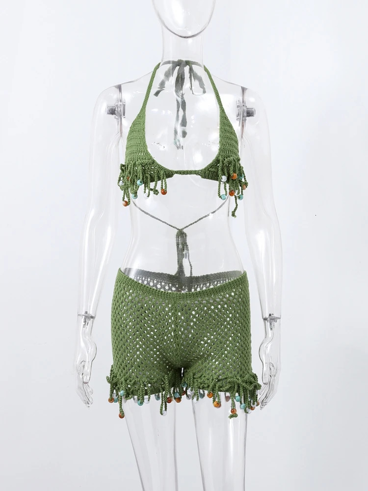 Sexy Beach Knit Womens Sets Crochet Flower Bikini Mini Skirt Female Suits Summer Halter Sleeveless Backless Top Skirts Set 250610