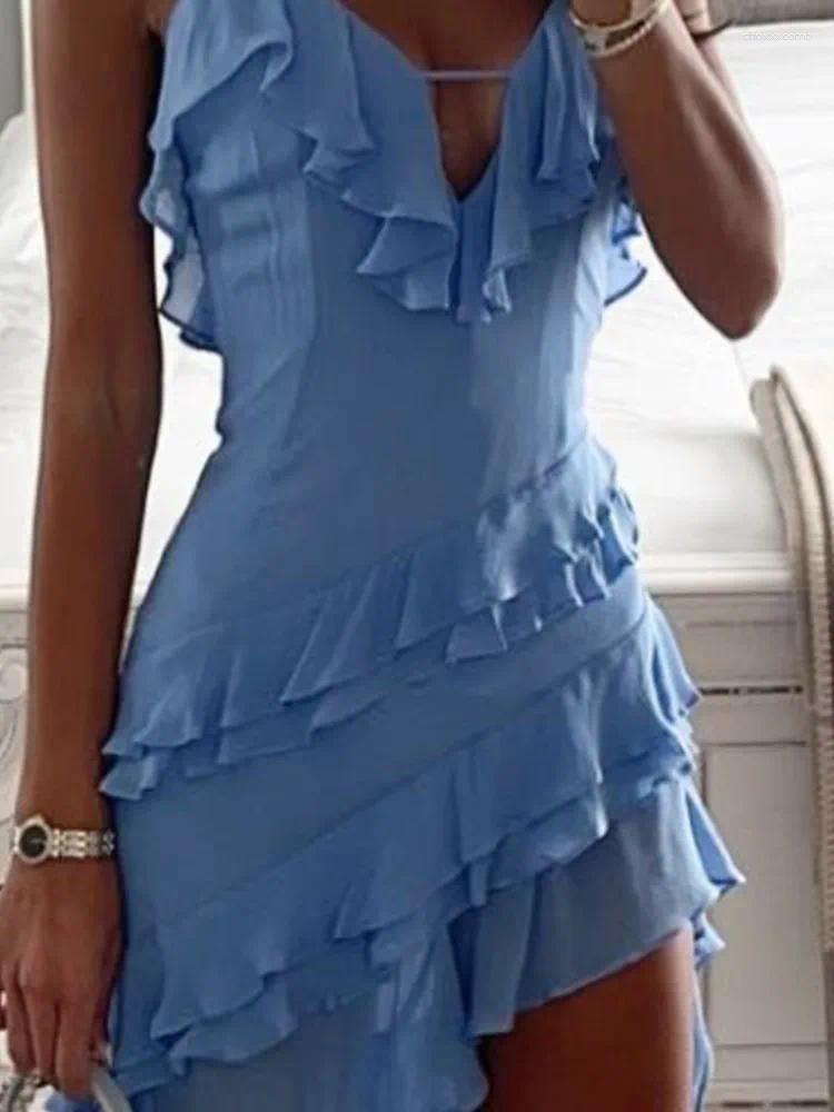 Elegant V-Neck Ruffle Dress: Solid Color Sleeveless Split Dress for Beach Holiday Ladies C260312