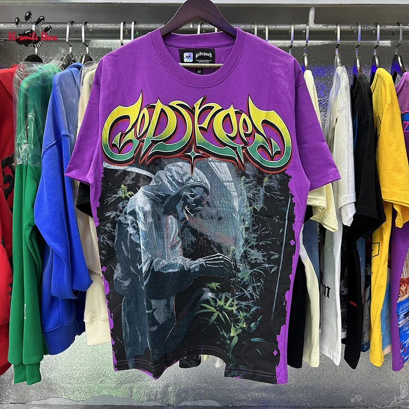 Black Yellow Purple O-Neck High Street Skull Godspeed T Shirts Short Sleeve Oversize Men Woman Fashion Vintage Tee Casual 250612