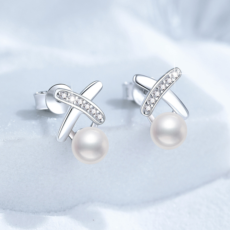 S925 Sterling Silver Earrings, Freshwater Pearl Stud Earrings, Women's Korean Style X-Shape D-Color Moissanite Studs, Fashion High-End Earrings, 