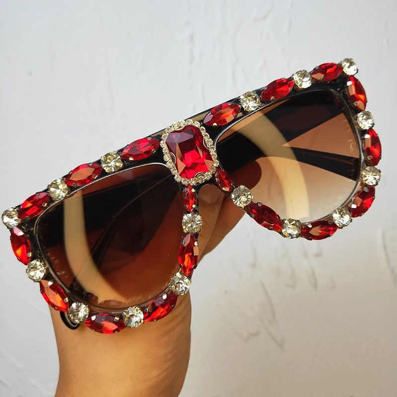 Oversized Red Rhinestone Sunglasse and Men Fashion Bling Sun Glasses Shades le tes de sol para mujer 250609