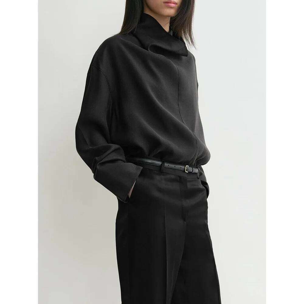 Early Spring 2025 New Women's Funnel Collar Shirt Loose Organza Long Sleeve T-Shirt See-Through Tops