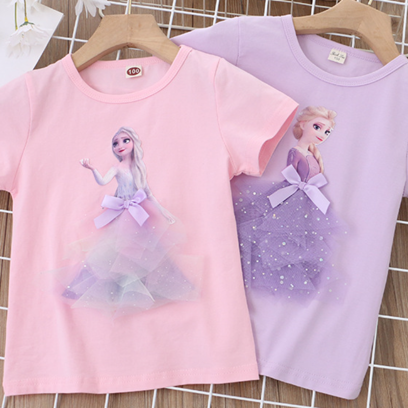 DISNEY Frozen Princess Elsa Girl's T-shirt Princess print design holiday outfit soft and comfortable Little girl's top with label-free desig