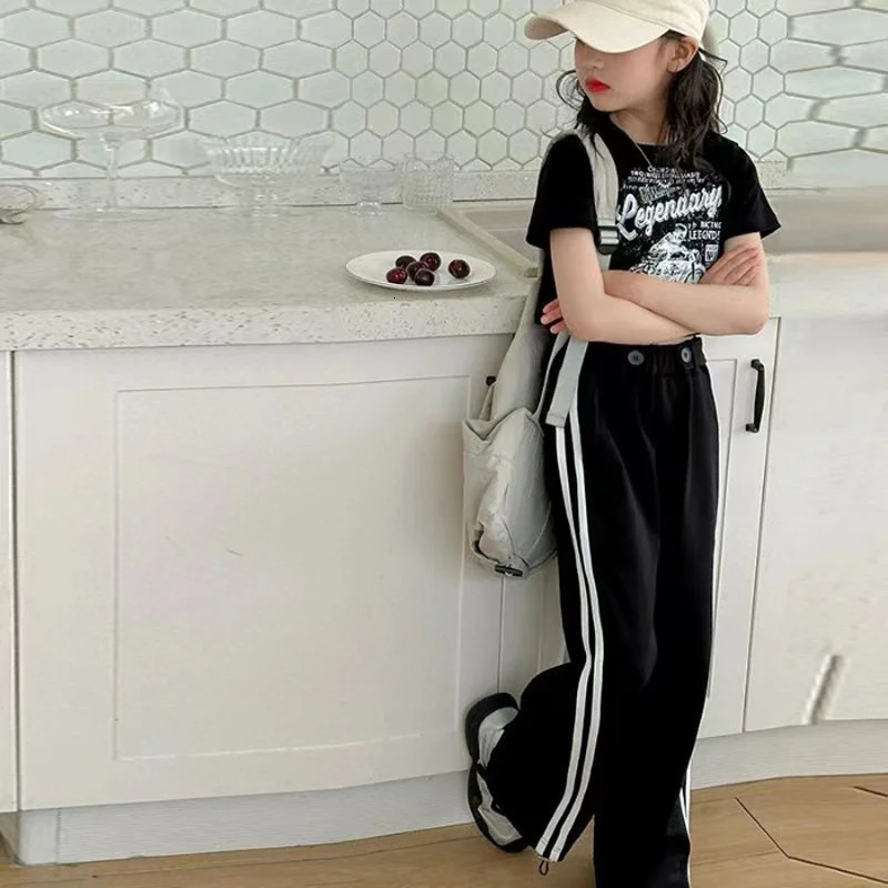 Girls summer casual suit childrens fashionable T-shirt casual pants summer dress foreign short-sleeved two-piece set 250613