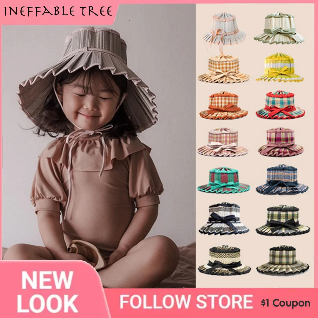Parent-child Foldable Straw Hat Ins Hand-woven Panama Straw Hat Personality Plaid Bow Decoration Sunscreen Children Sun Hat 250611