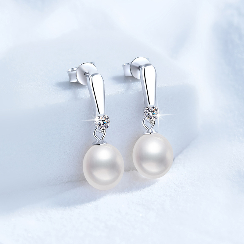 S925 Sterling Silver Moissanite Stud Earrings, Women's Diana Style Freshwater Pearl Earrings, Elegant High-End Earrings, Wholesale
