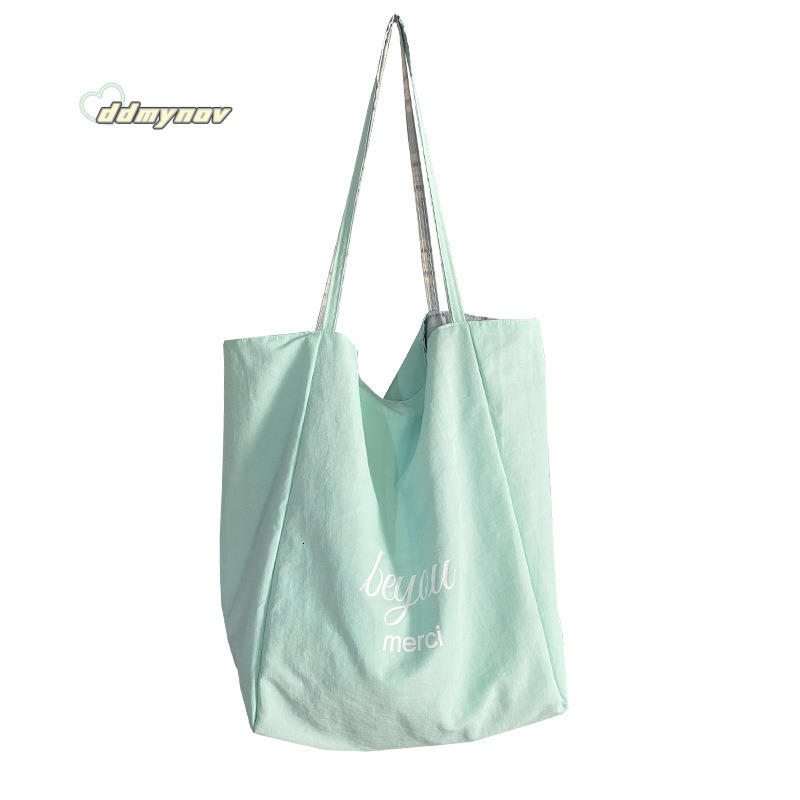 Fresh Mint Mambo Plaid Patchwork Single Shoulder Large Capacity Tote Simple Dual-use Double-sided Bag Spring Summer Thickened ddmynov