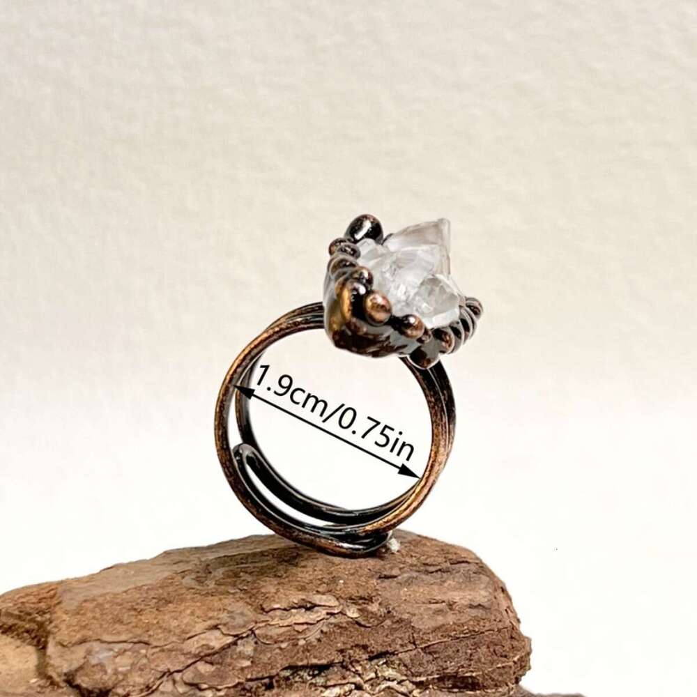 Natural Light Green Crystal Rough Irregular Open Adjustable Personality Ring in Antique Bronze