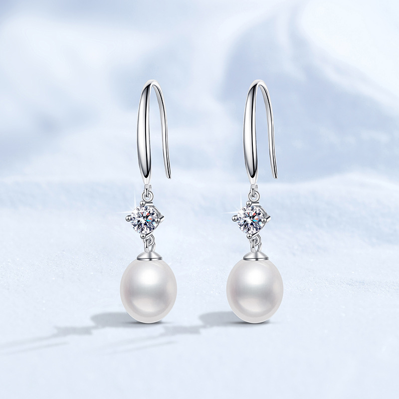 S925 Sterling Silver Stud Earrings with Moissanite and Natural Freshwater Pearls, Women's Versatile Elegant Earrings, Cross-Border Jewelry Wholes