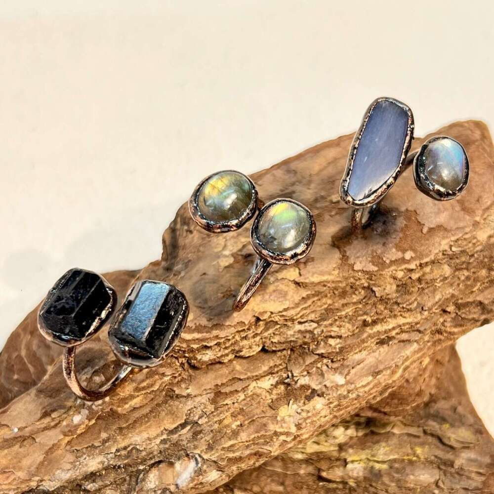 Natural Black Tourmaline Blue Crystal Labradorite Irregular Adjustable Open Personality Ring