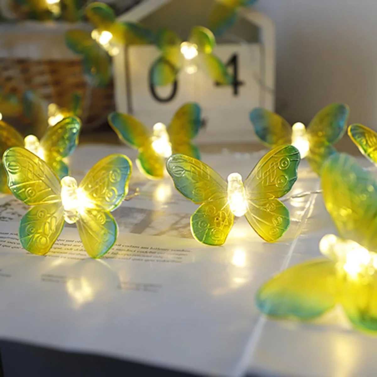1pc 10/20LED Green Yellow Butterfly String Lights Hanging Fairy Atmosphere Lamp Battery Operated For Home Bedroom Festival Decor XJ250612
