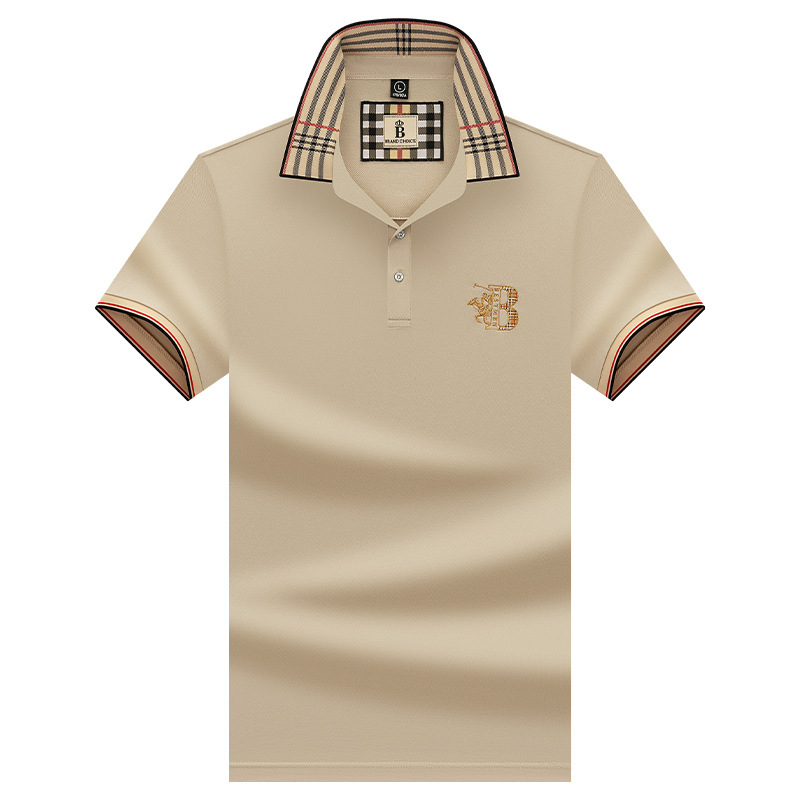 New embroidered solid-color checkered short-sleeved T-shirt for men's summer fashion business polo shirt