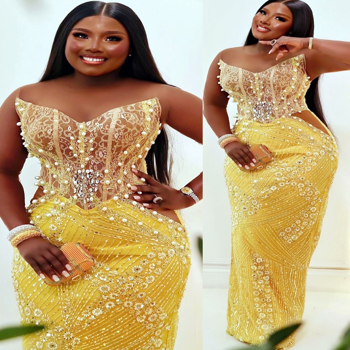 Yellow Sheath Prom Dresses 2025 Illusion Pearls Sequined Evening Formal Party Second Birthday Engagement Gowns Plus Size Dress For Special Occasions