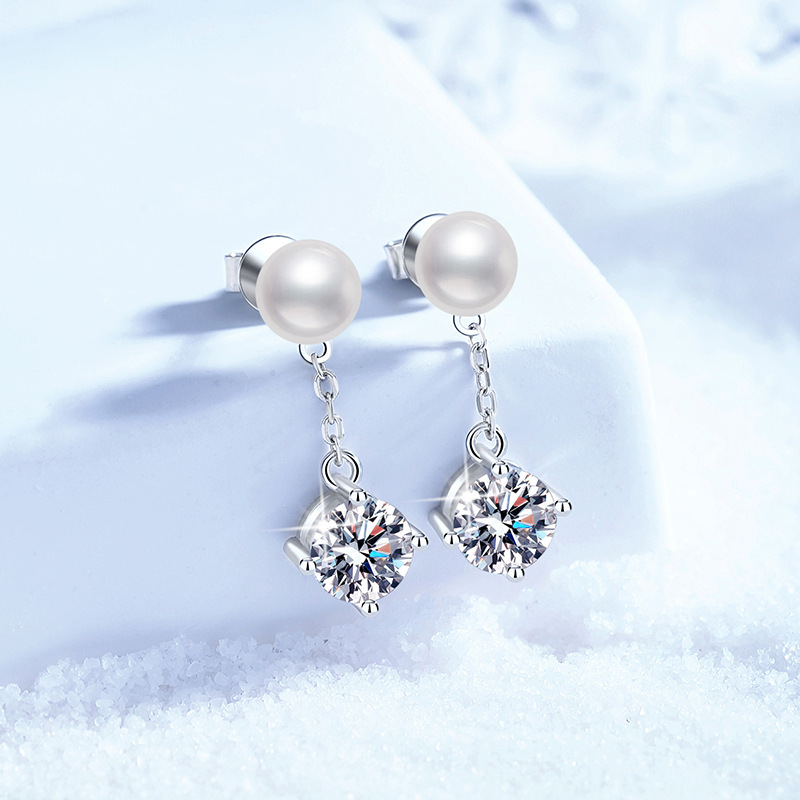 S925 Sterling Silver Stud Earrings, Natural Freshwater Pearls with 1-Carat Moissanite, Classic Four-Prong Design, High-End Earrings for Women, Wholesa