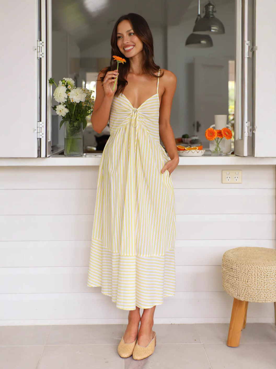 S209Summer European and American foreign trade cross-border women's clothing V-neck striped suspender dress