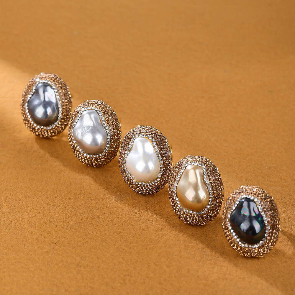 TEMU Hot Style Baroque Pearl Clay Inlaid Wide Adjustable Open Ring for Women Party Gift