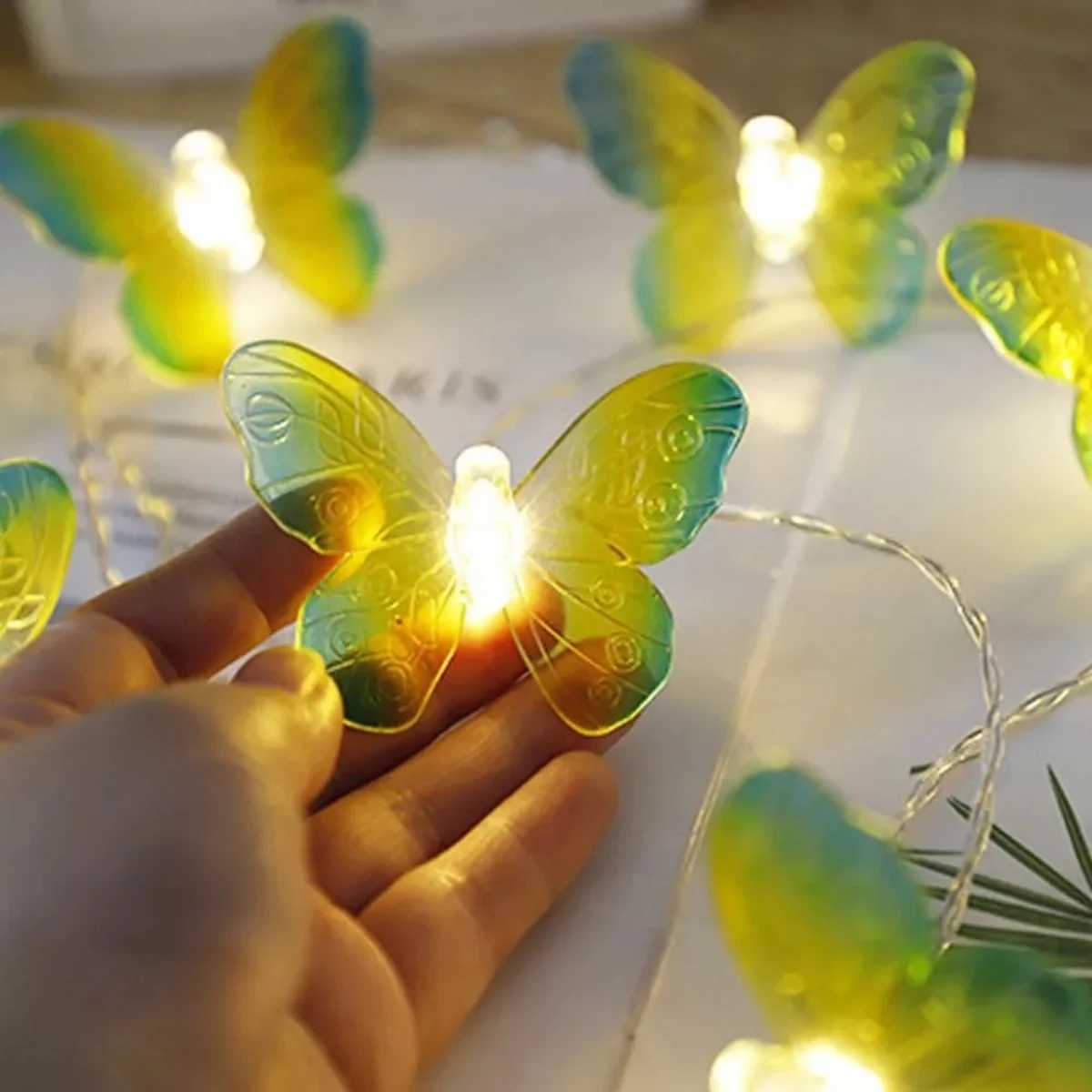 1pc 10/20LED Green Yellow Butterfly String Lights Hanging Fairy Atmosphere Lamp Battery Operated For Home Bedroom Festival Decor XJ250612