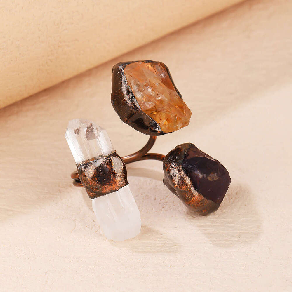 Dark Niche Crystal Raw Stone Handmade Welded Antique Bronze Plated Women's Party Gift Punk Rock Ring