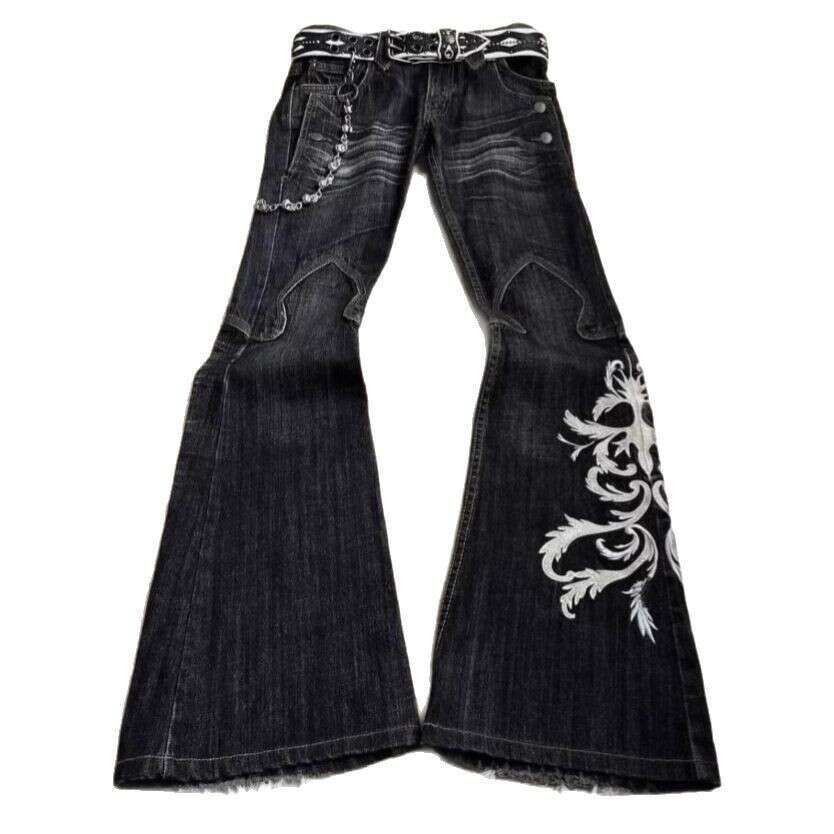 American Style Embroidered Heavy Craft Punk Washed Black Straight Leg Flare Jeans For Women And Men B5