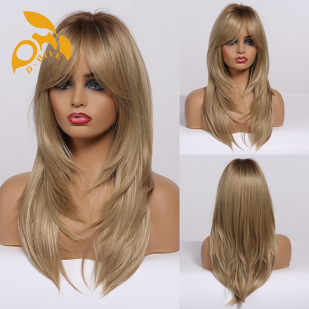 Free shipping Hair Wigs for womans wigs human hair large wave bang long curly hairfull head set women's wig color Golden Burgundy gradient