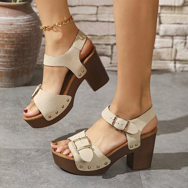 Sandals BeauToday Women Genuine Calfskin Block High Heel Buckle Decor Platform Jagged Sole Summer Ladies Shoes Handmade 38179 34c4