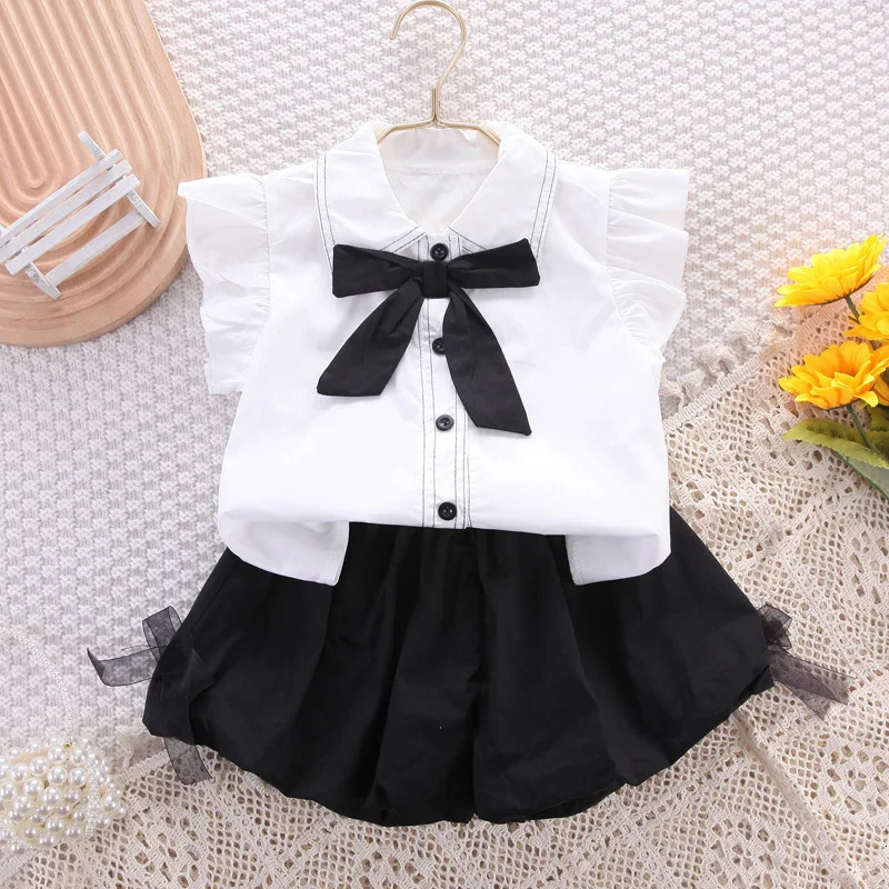 1Set Summer Childrens Suit Girls Cute Short Sleeve Bow Shirt Shorts Sets Kids Casual Outfit Baby Princess Fashion Clothing 250613