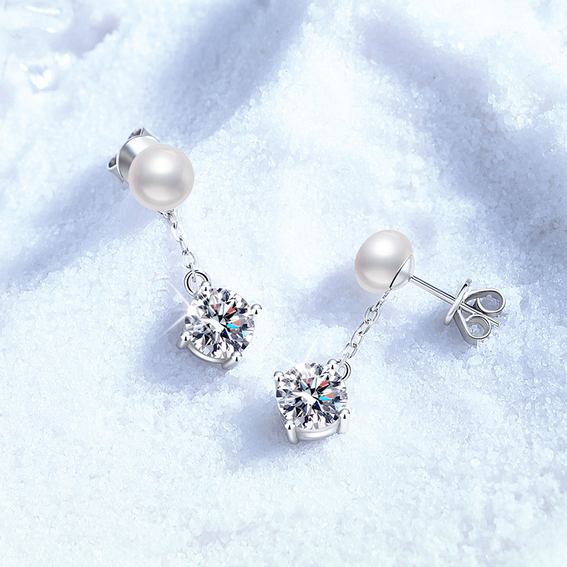 S925 Sterling Silver Stud Earrings, Natural Freshwater Pearls with 1-Carat Moissanite, Classic Four-Prong Design, High-End Earrings for Women, Wholesa