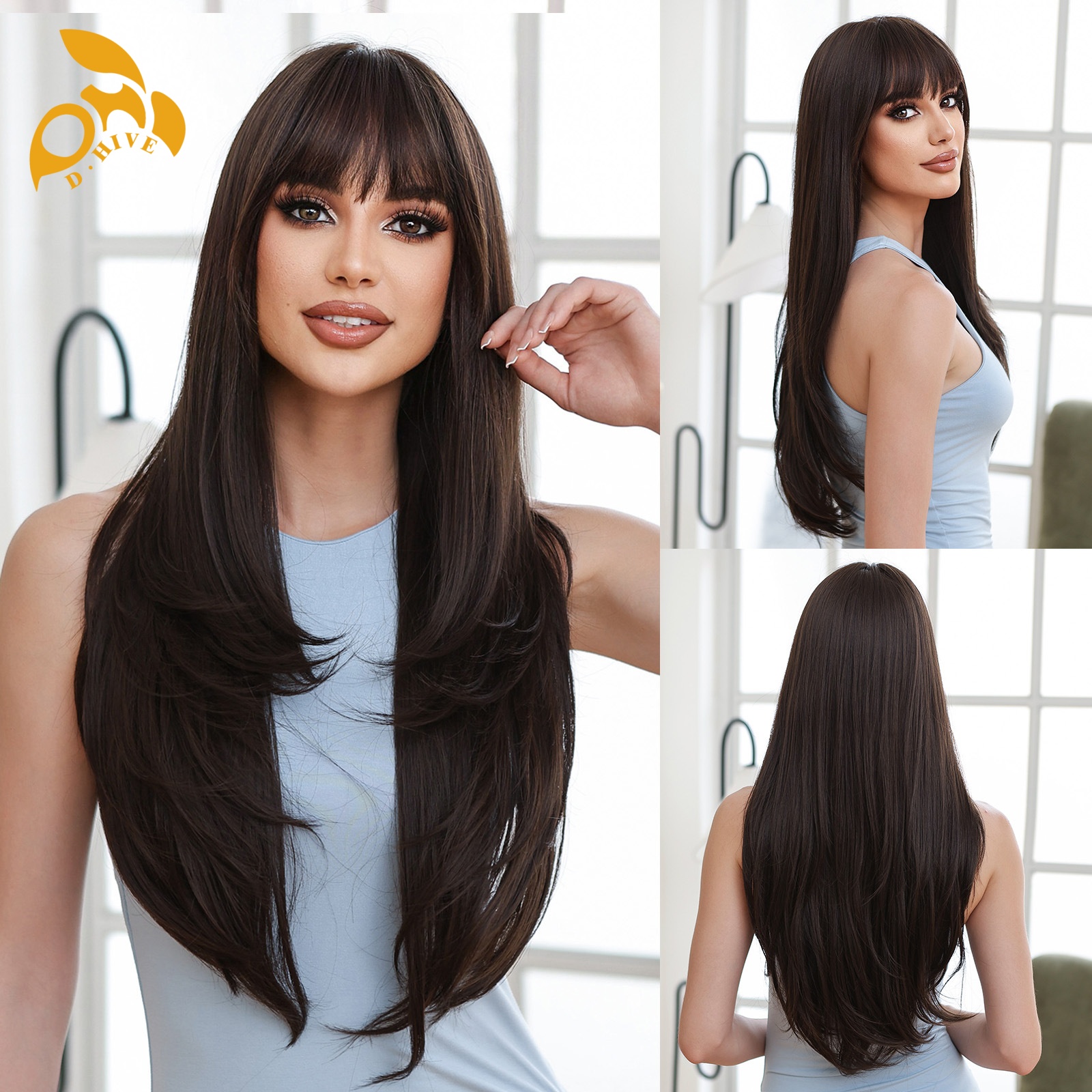 Free shipping Hair Wigs for womans wigs human hair large wave bang long curly hairfull head set women's wig color Gradient gray Burgundy Orange