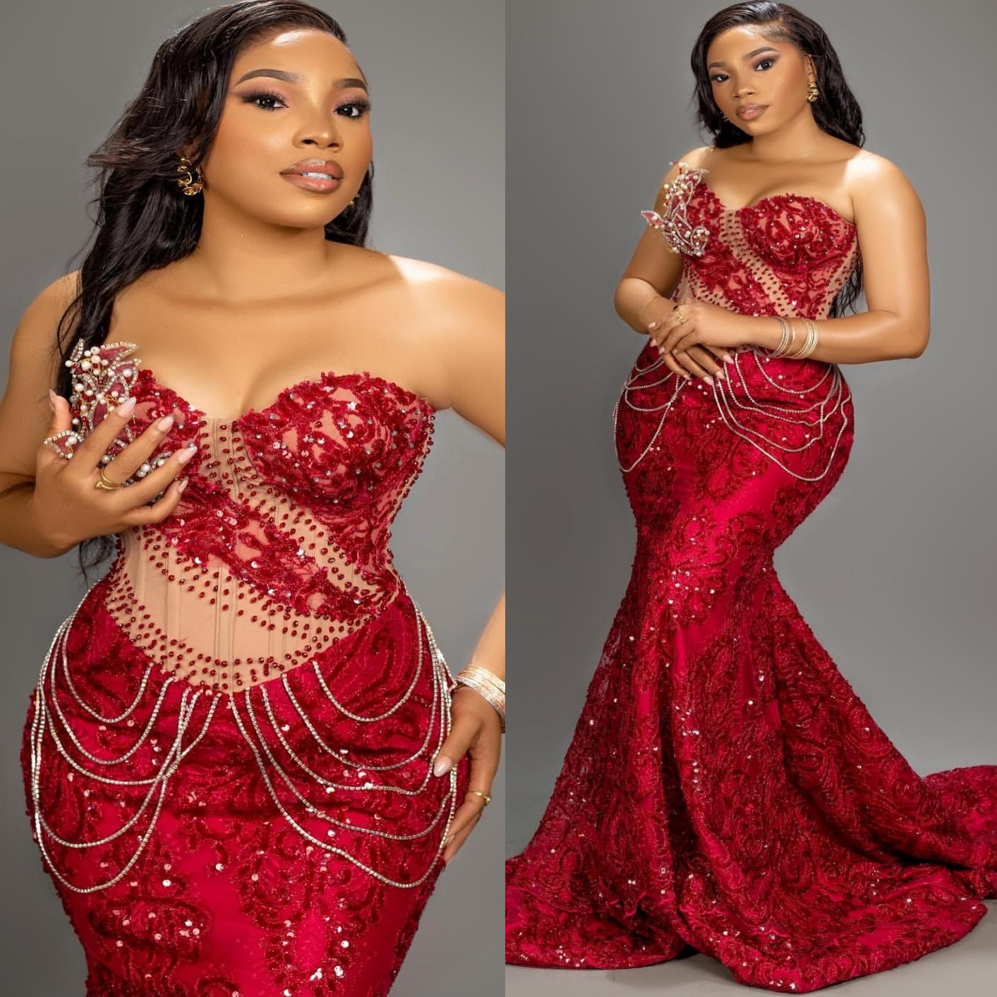 Dark Red Mermaid Prom Dresses 2025 Crystals Lace Appliques Evening Formal Party Second Birthday Engagement Gowns Plus Size Dress For Special Occasions