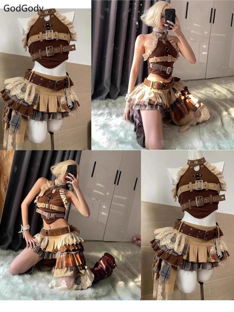 Summer Vintage Elegant Y2K Woman 2 Piece Sets Punk Gothic Strapless Crop Tops High Waist Ruffle Skirt Female Party Outfits 250612