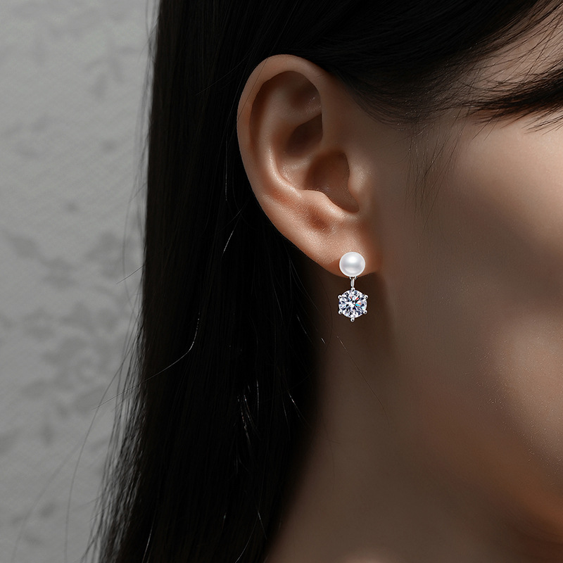 S925 Sterling Silver Stud Earrings with Natural Freshwater Pearls and 1-Carat Moissanite, Classic Six-Claw Design, High-End Women's Earrings, Who