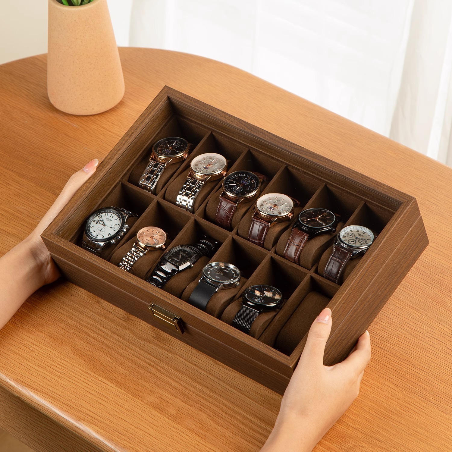 SONGMICS 12-Slot Wood Watch Box - Watch Case Watch Box Organizer With Large Glass Lid Watch Display Case With Removable Pil 250120