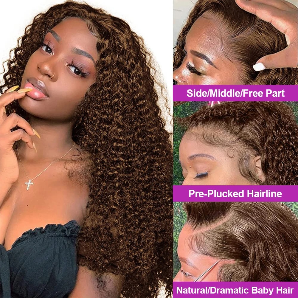 Chocolate Brown Water Curly Wigs 13x4 13x6 HD Lace Frontal Wig 30 34 Inch Deep Wave Colored Human Hair Wigs For Women 250 Density Synthetic