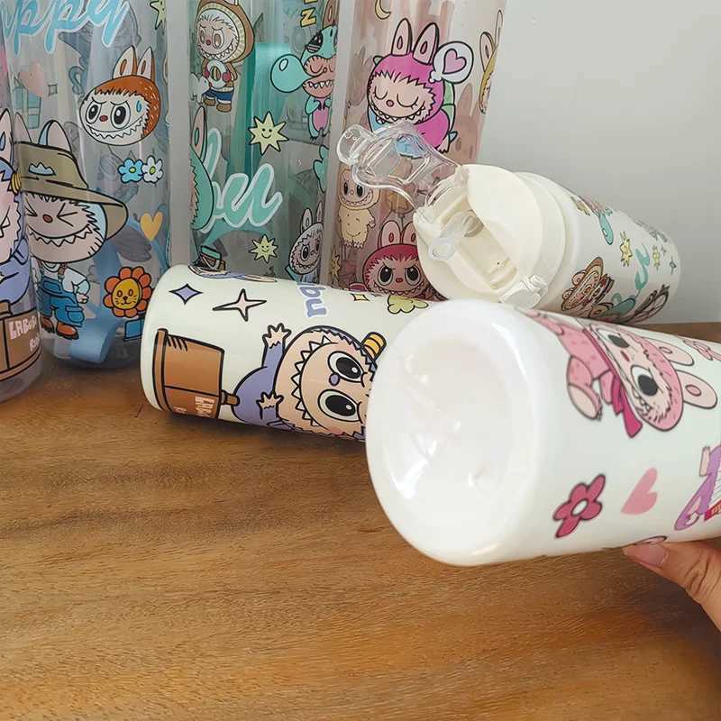 Cartoon Labubu Water Bottle Leakproof High-capacity Plastic Straw Cup Portable for Outdoor Travel School Camping Anime Supplies W250613