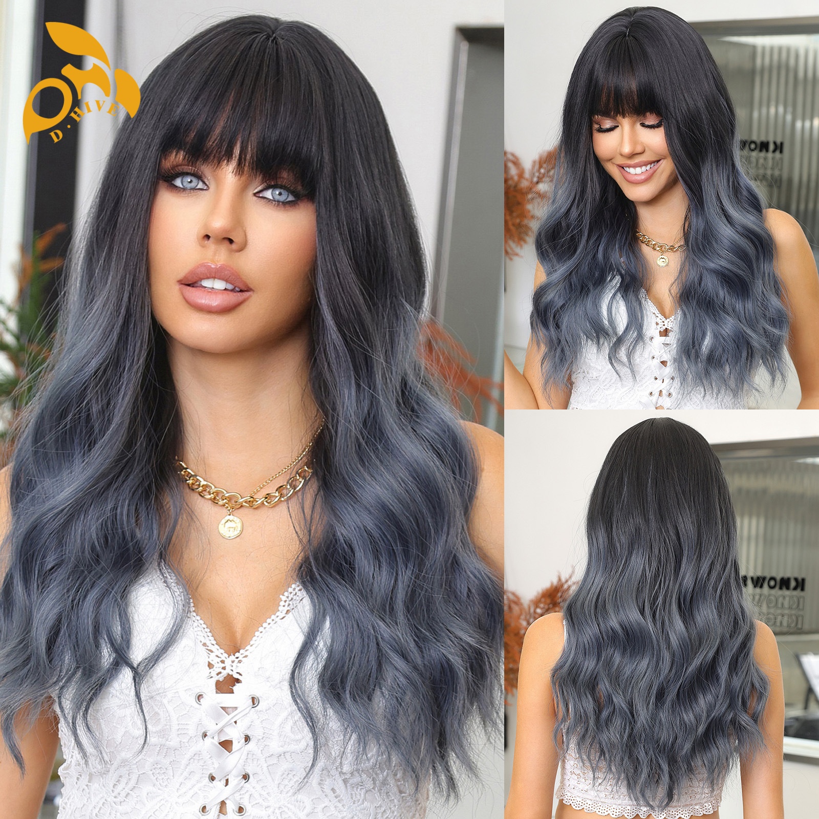 Free shipping Hair Wigs for womans wigs human hair large wave bang long curly hairfull head set women's wig color black pink brown
