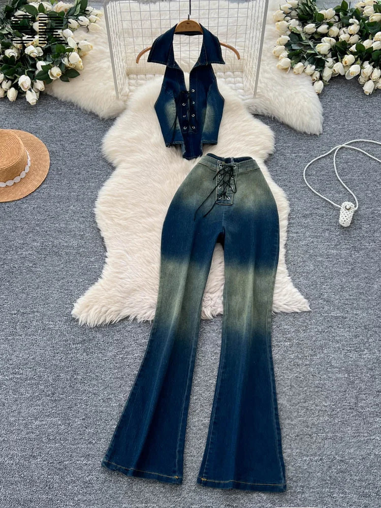 SINGREINY Women Retro Denim 2pcs Sets Halter Sleeveless TopsSkinny Lace Up n Jeans Female Gradient Streetwear Chic Outfits 250612