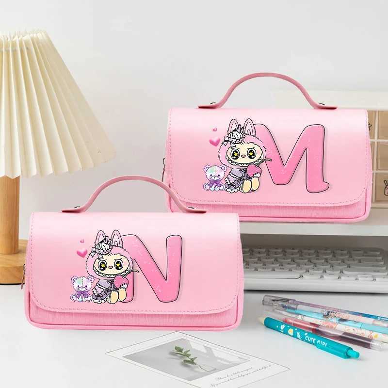Labubu Large Capacity Flip Pen Case for Students Cartoon Letter A-Z Printed Pencil Bags Boys Girls Stationery Storage Pouch Gift W250613