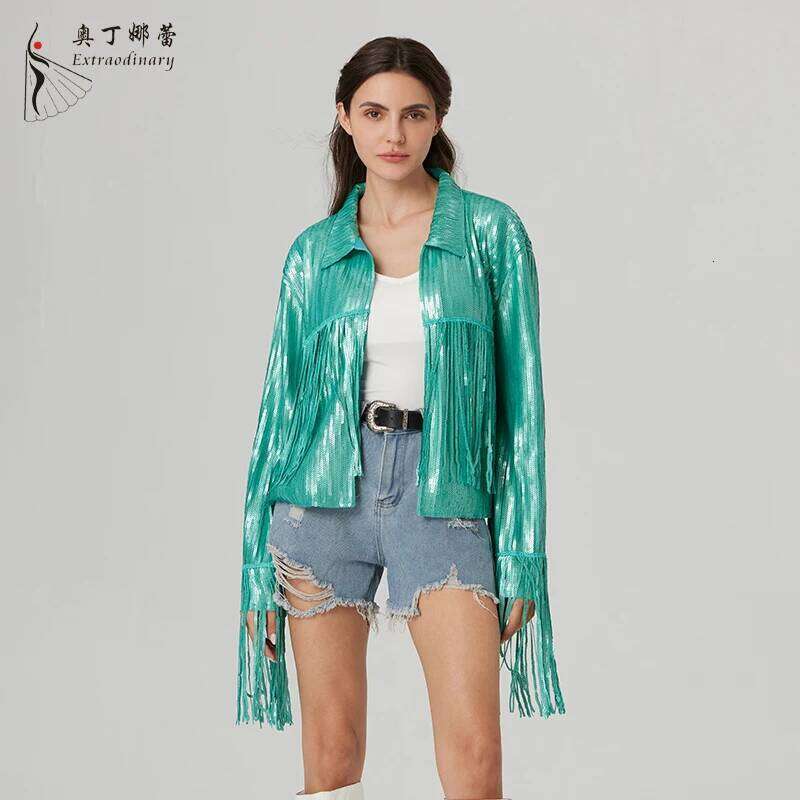 Fashion Mint green Fringe cool girl western cowboy matte Sequin Jacket