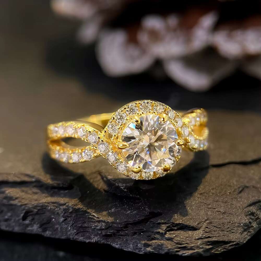 Ready to Ship Halo Engagement Moissanite Diamond Ring Gold Plated 925 Sterling Silver for Parties