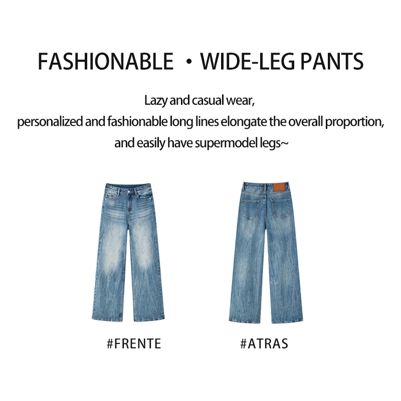 Slim waist cobalt blue ladies jeans, loose cut, soft fabric wide-leg pants. Wear comfortable YKK zipper wide-leg pants K70542