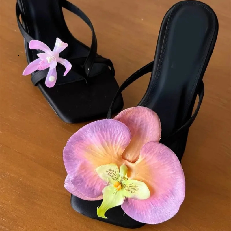Moth Orchid Flip Flops Slippers Satin Asymmetric Square Toe Slip On Thin Heels Sandals Womens Elegant Outdoor Dress Shoes 250612