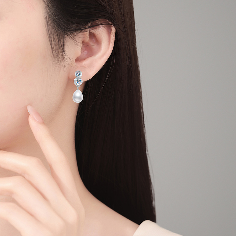 Cross-Border Moissanite Stud Earrings, S925 Sterling Silver Earrings, Women's Freshwater Pearl Studs, French Style Versatile Fashion Earrings