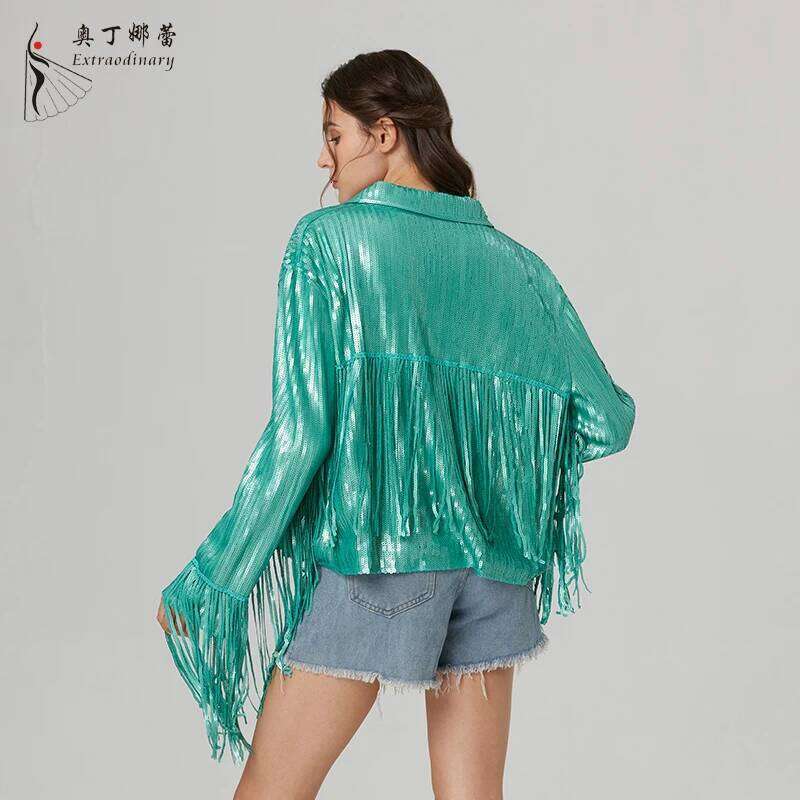 Fashion Mint green Fringe cool girl western cowboy matte Sequin Jacket