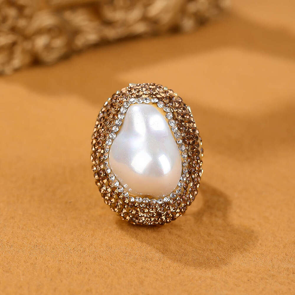 TEMU Hot Style Baroque Pearl Clay Inlaid Wide Adjustable Open Ring for Women Party Gift