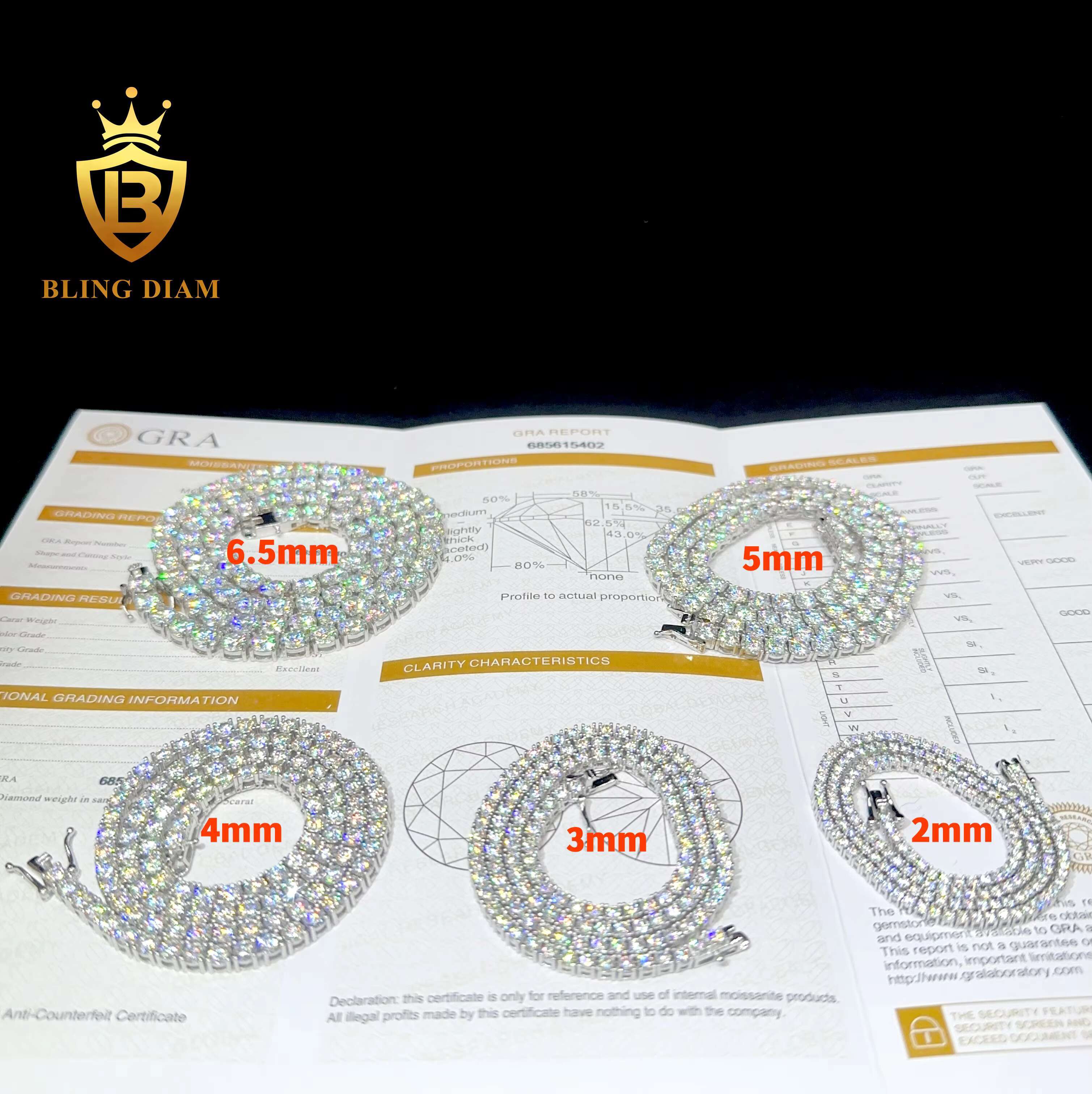 Cheapest Price Pass Diamond Tester 925 Sterling Silver 2mm-6.5mm Moissanite Diamond Hip hop Tennis Chain Necklace for Men Women