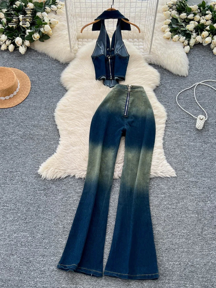 SINGREINY Women Retro Denim 2pcs Sets Halter Sleeveless TopsSkinny Lace Up n Jeans Female Gradient Streetwear Chic Outfits 250612