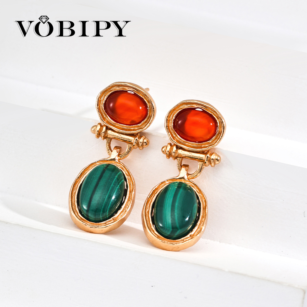 VOBIPY Vintage Malachite Onyx Earring S925 Silvers Gold Plated Earring for Women Girl Party Birthday Gift Fashion Jewelry Christmas Day