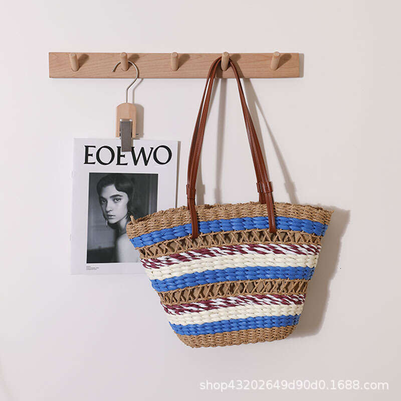 Straw Beach Tote French Hollow Out Single Shoulder Straw New Ethnic Style Color Block Handwoven For Women Vacation Beach Bag Straw Large Tote