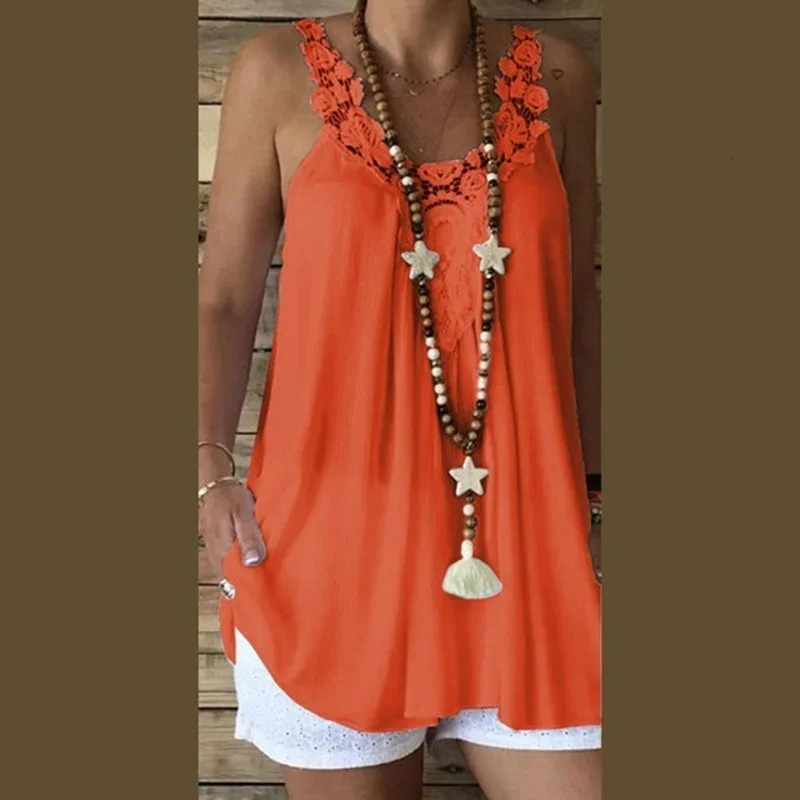 Fashion Trend Leisure Beach Summer Ladies Sexy Halter Top Pure Color Lace Hollow Round Neckline Suspenders Tshirt 250611